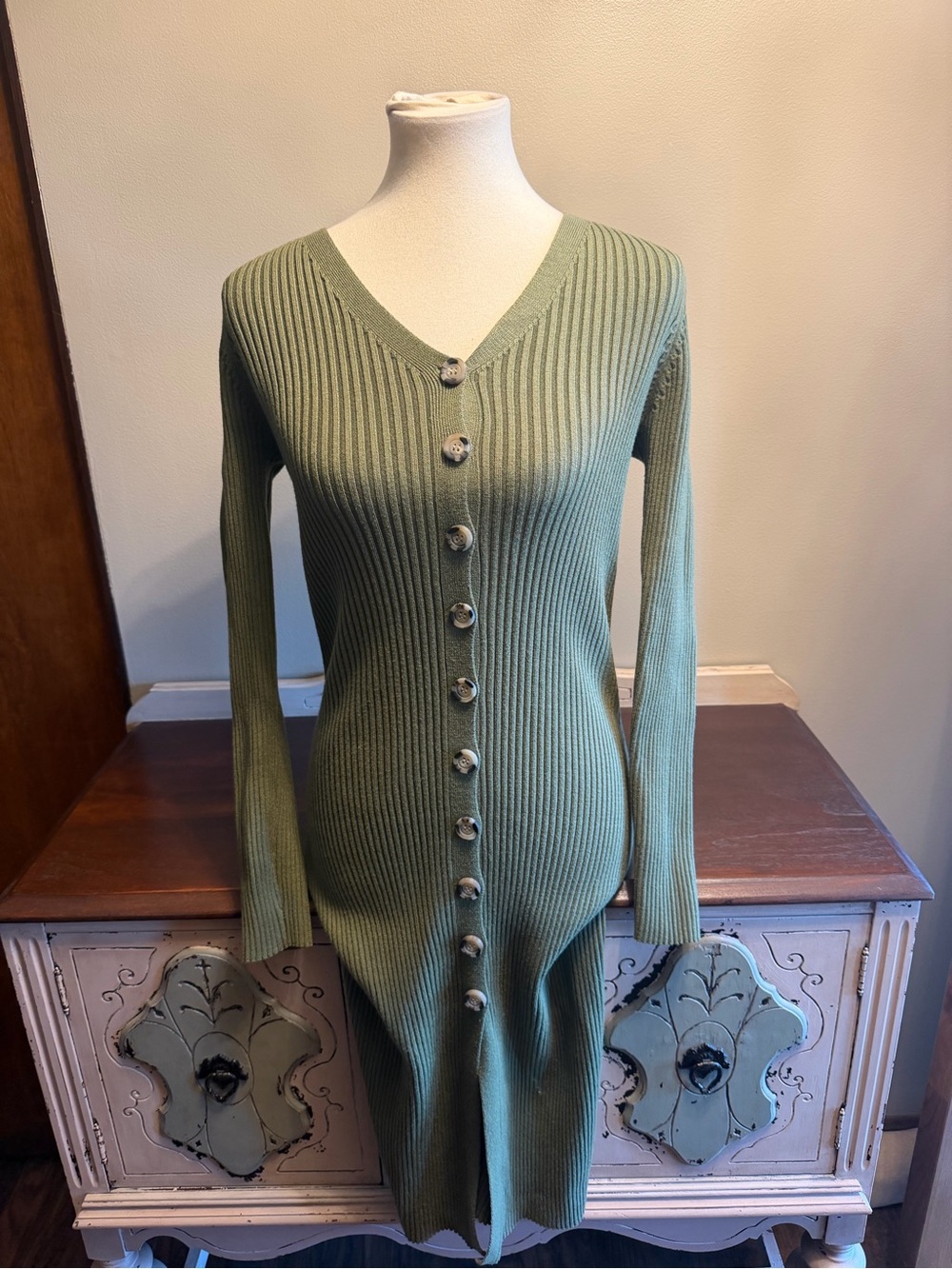 Double Zero Sage Green Ribbed Button Midi Dress